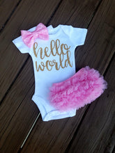 Load image into Gallery viewer, Pink And Gold Newborn Outfit Hello World Outfit Baby Girl Outfit - Adassa Rose