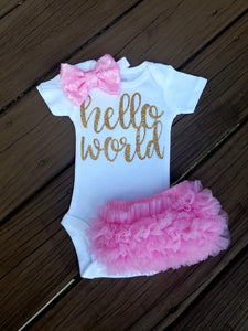 Pink And Gold Newborn Outfit Hello World Outfit Baby Girl Outfit - Adassa Rose